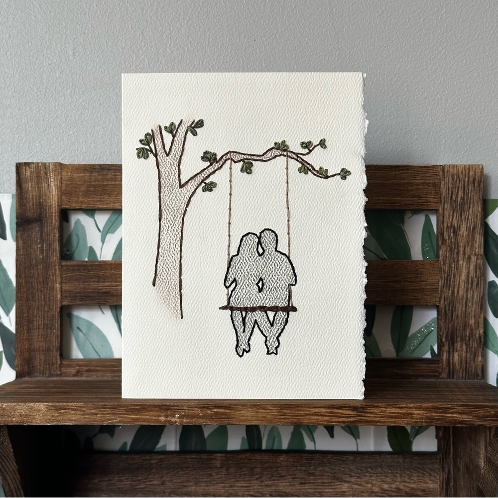 Hand-Embroidered Anniversary Card - Couple on Tree Swing